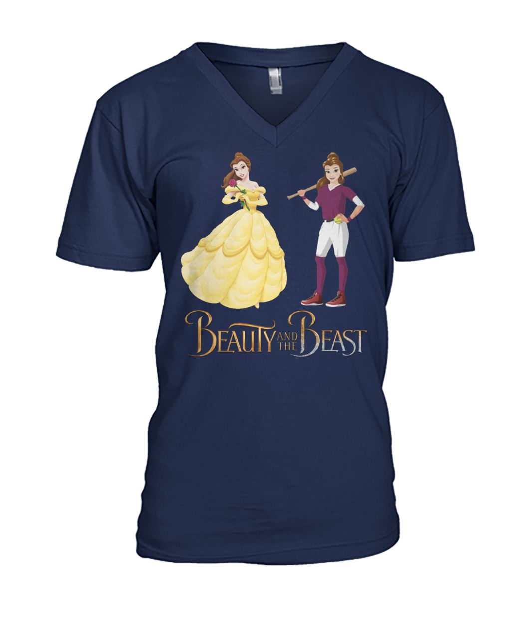 Beauty and the beast belle and baseball girl mens v-neck