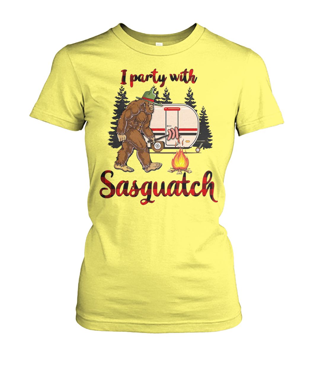 Bigfoot camping I party with sasquatch women's crew tee
