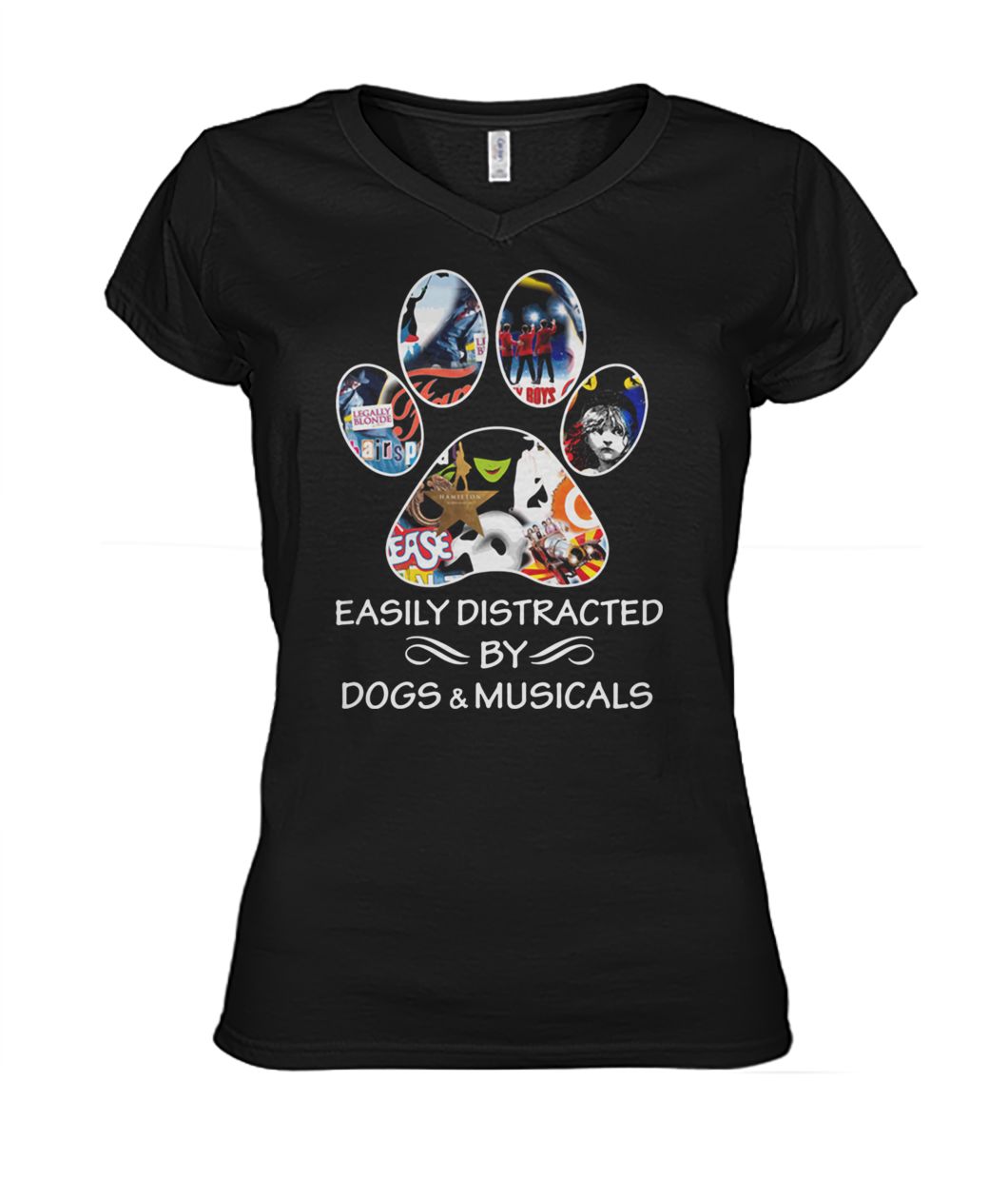 Broadway easily distracted by dogs and musicals women's v-neck