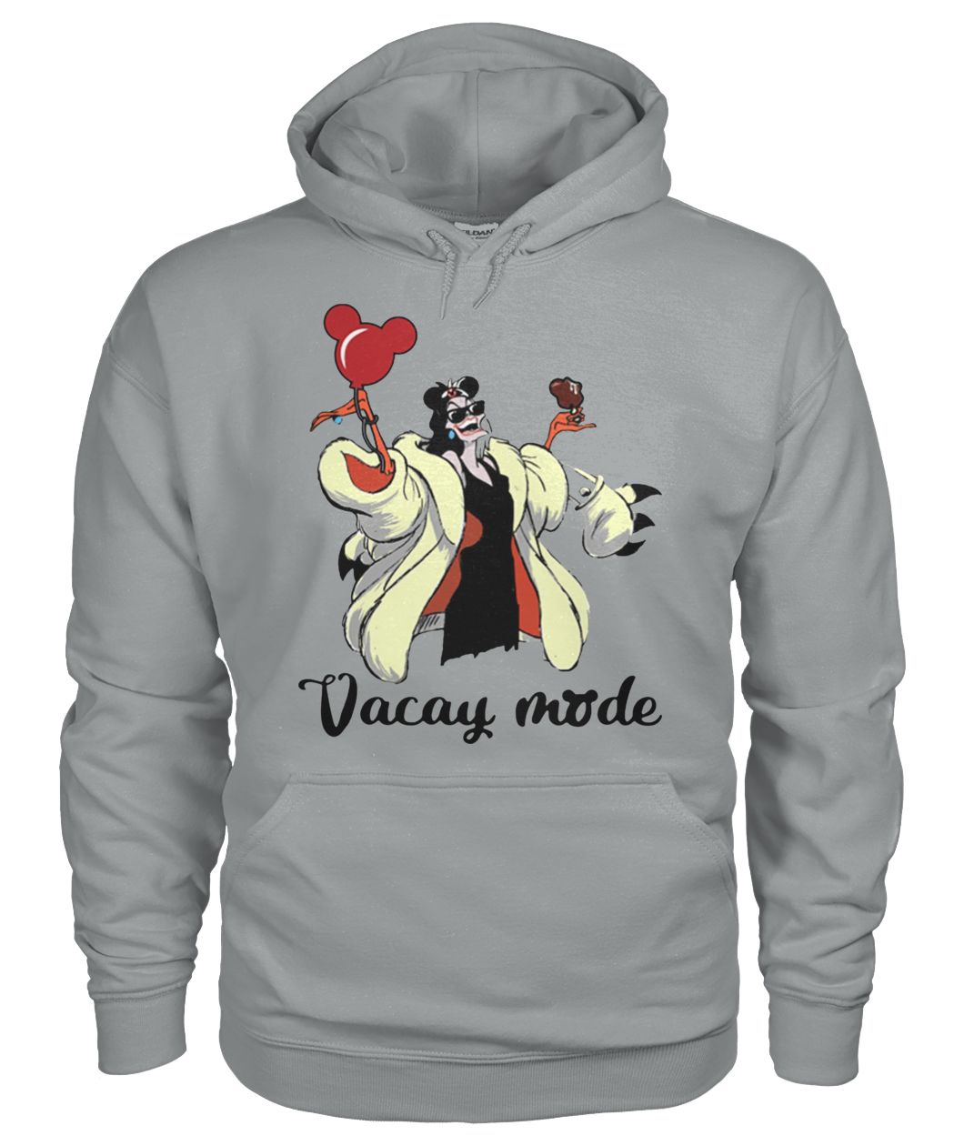 Cruella de Vil vacay mode balloon mickey mouse gildan hoodie