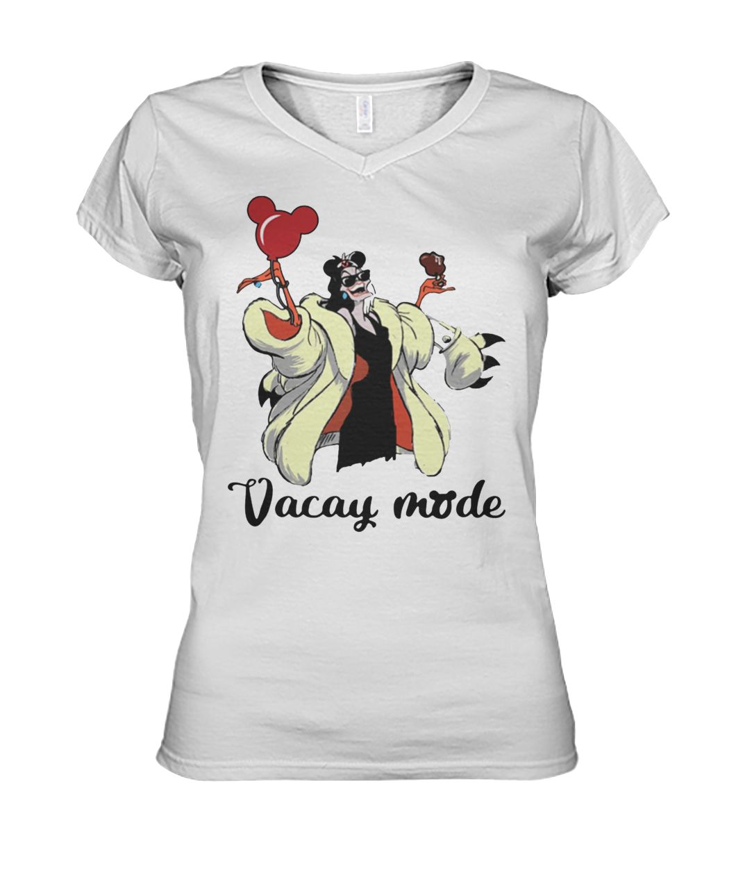 Cruella de Vil vacay mode balloon mickey mouse women's v-neck