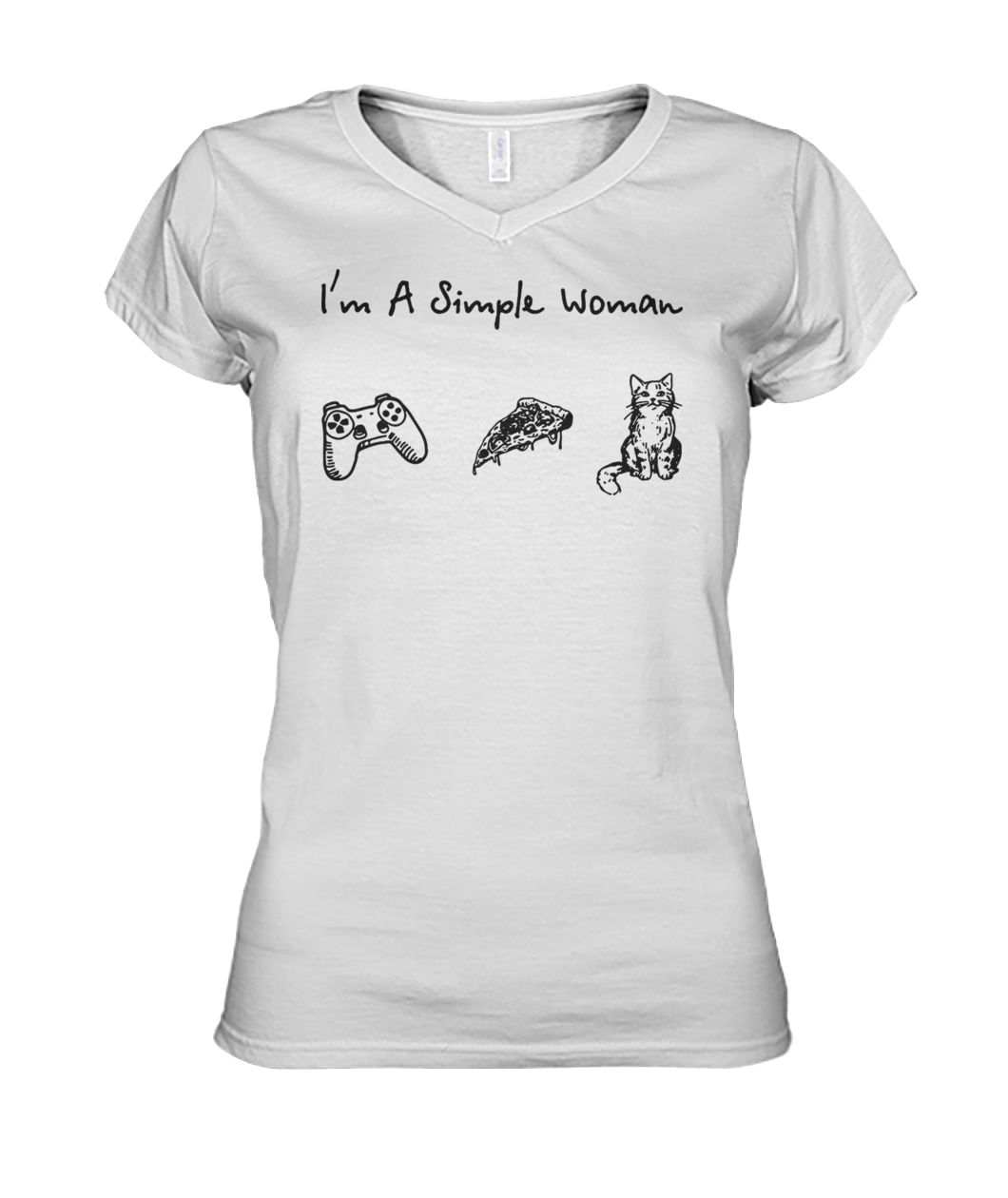 I'm a simple woman I love game pizza and cat women's v-neck