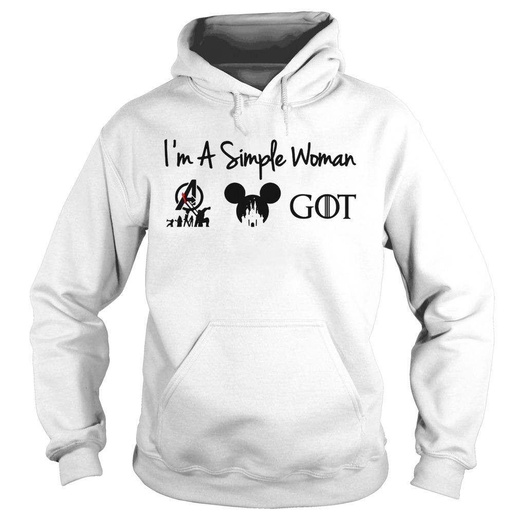 I'm a simple woman I love the avengers mickey disney and game of thrones hoodie