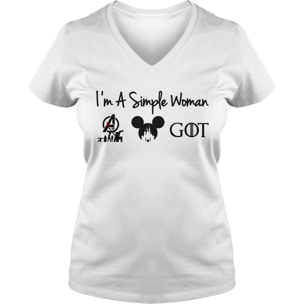 I’m a simple woman I love the avengers mickey disney and game of thrones lady v-neck