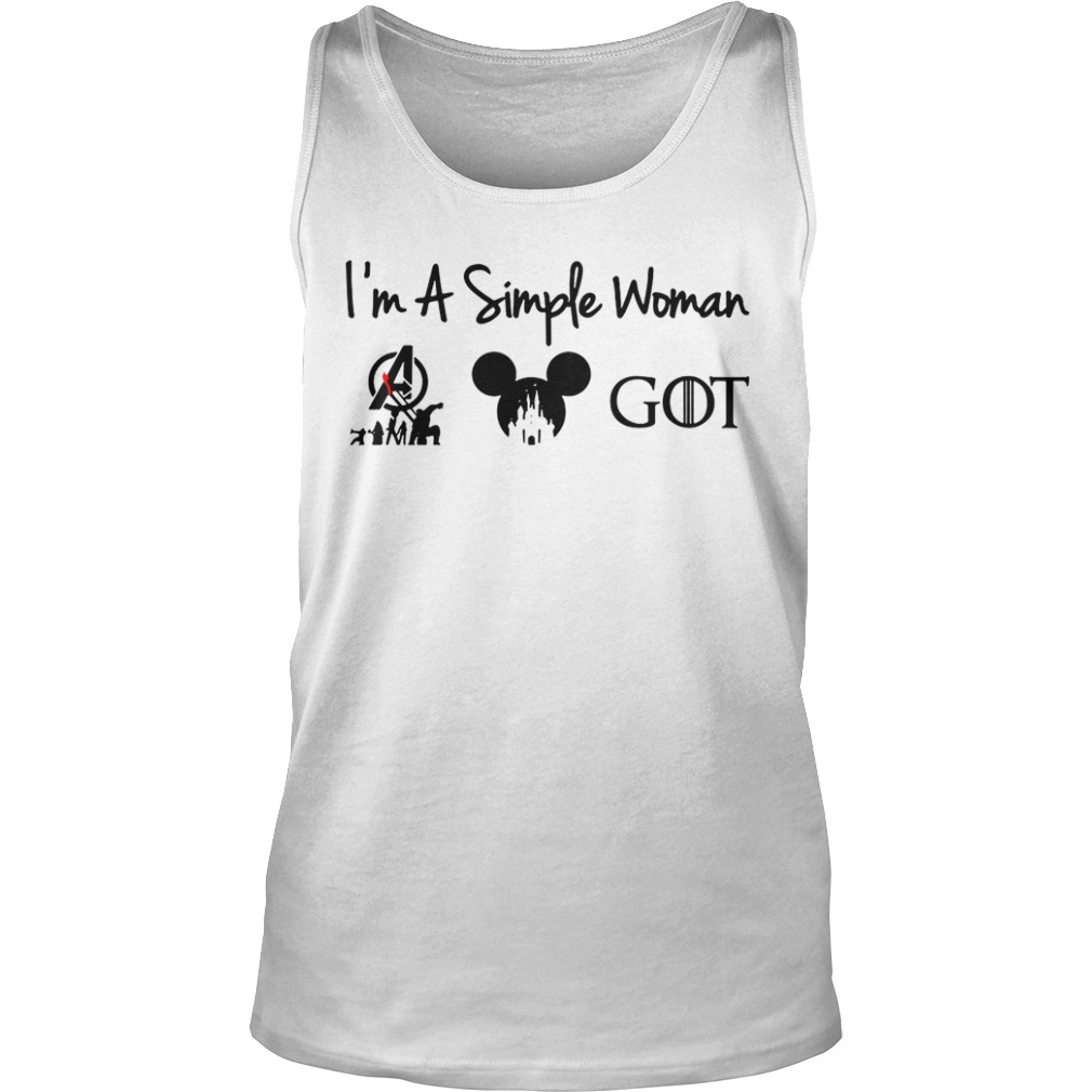 I’m a simple woman I love the avengers mickey disney and game of thrones tank top