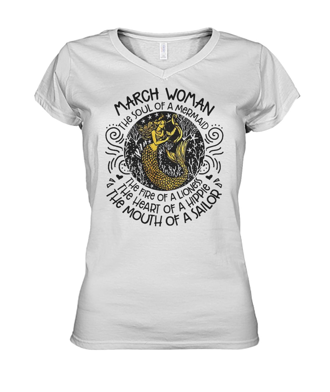 March girl the soul of a mermaid the fire of a lioness women's v-neck