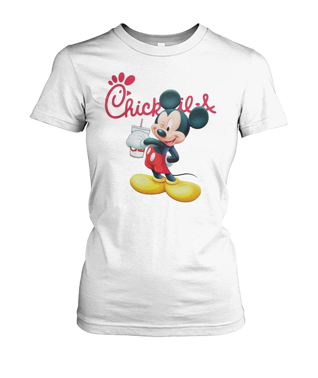Mickey mouse drinking chick fil-a women's crew tee