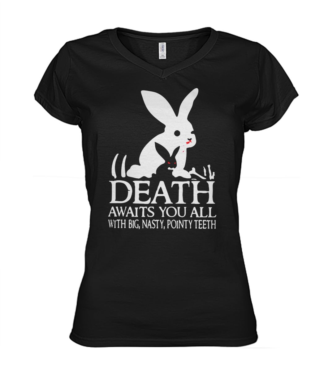 Rabbit death awaits you all with big nasty pointy teeth women's v-neck