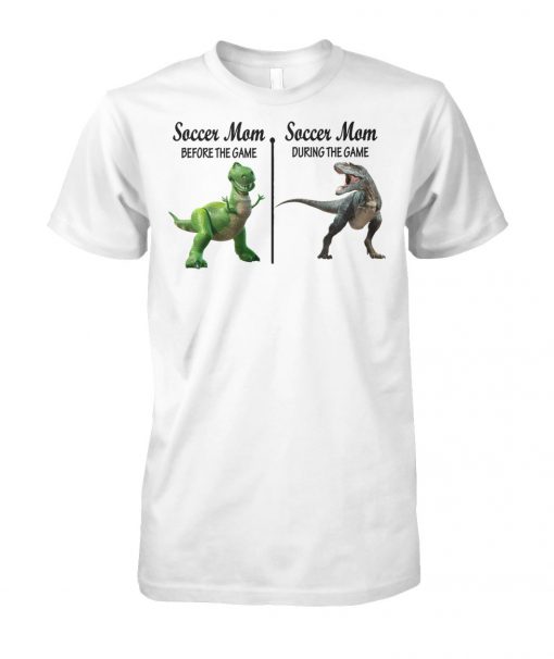 Rex dinosaur soccer mom before the game during the game unisex cotton tee