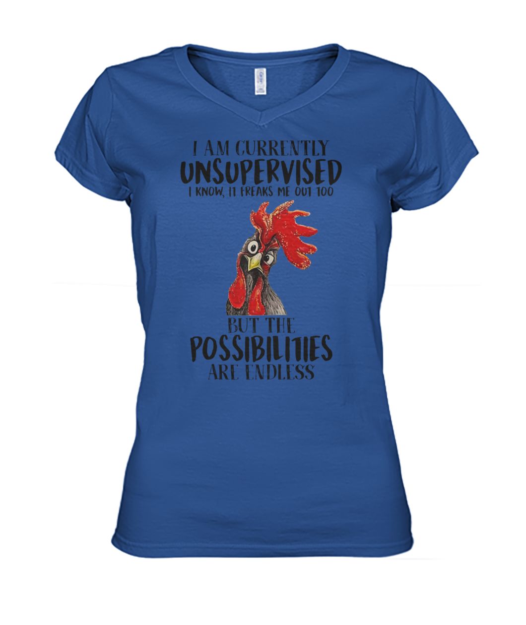 Rooster chicken I am currently unsupervised I know it freaks me out too women's v-neck