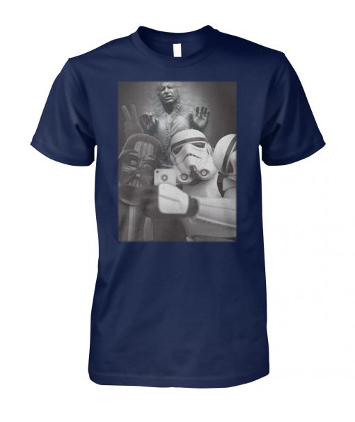 Star wars darth vader and stormtroopers selfie in han solo frozen carbonite unisex cotton tee