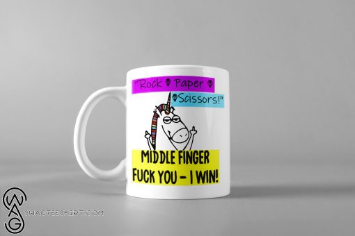 Unicorn rock paper scissors middle finger fuck you I win mug