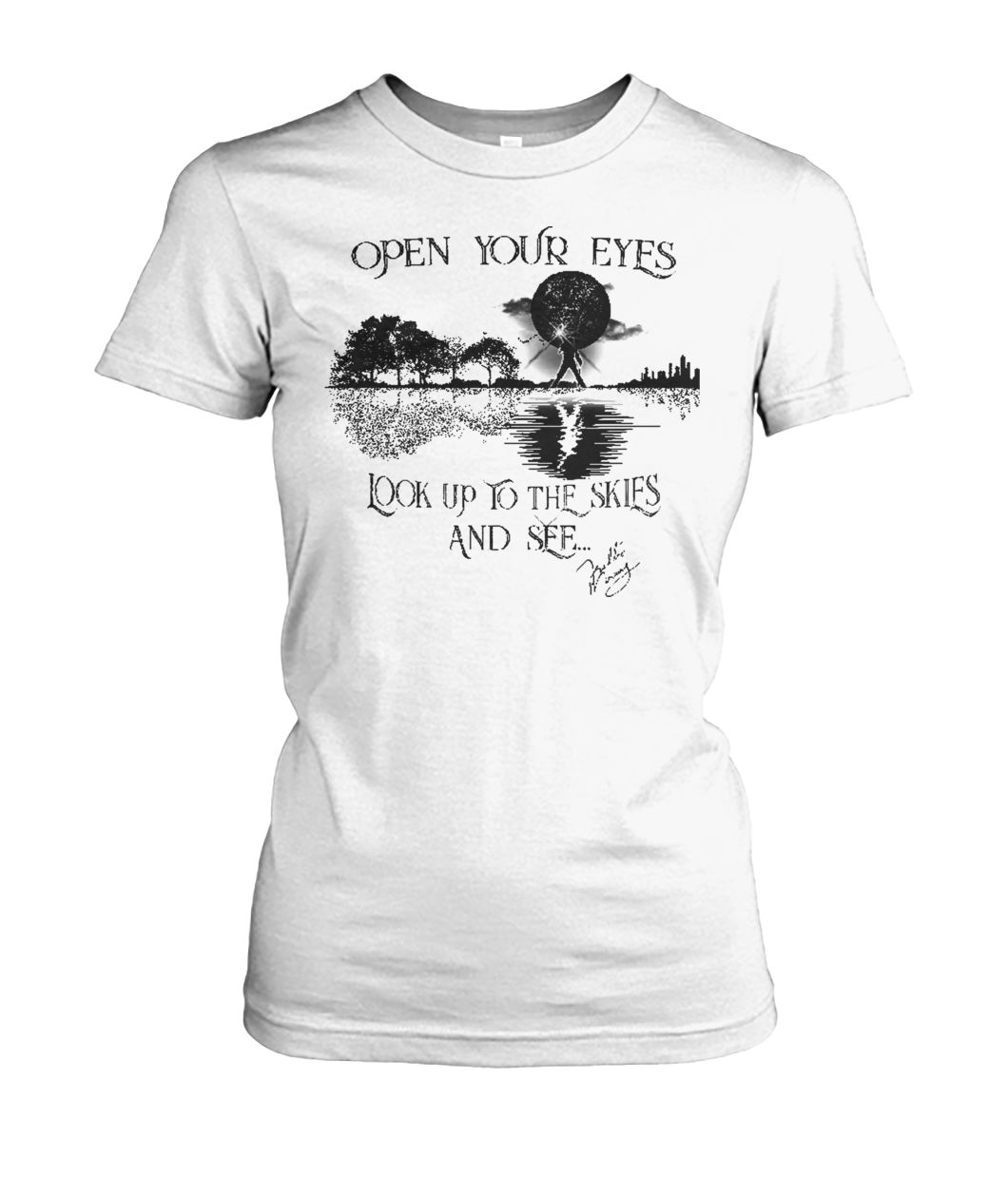 Guitar shadow open your eyes look up to the skies and see women's crew tee
