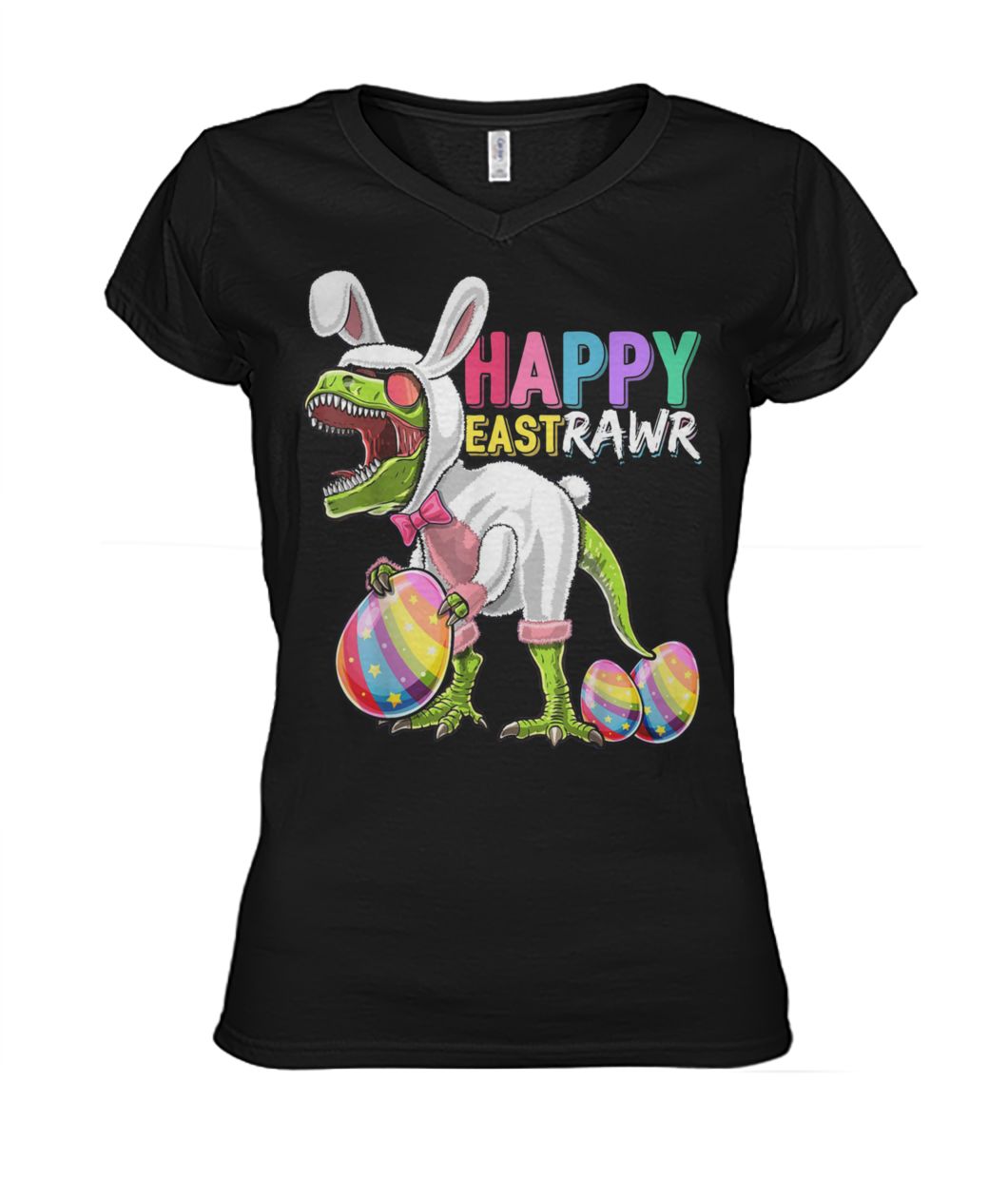 Happy eastrawr t-rex dinosaur easter bunny egg women's v-neck