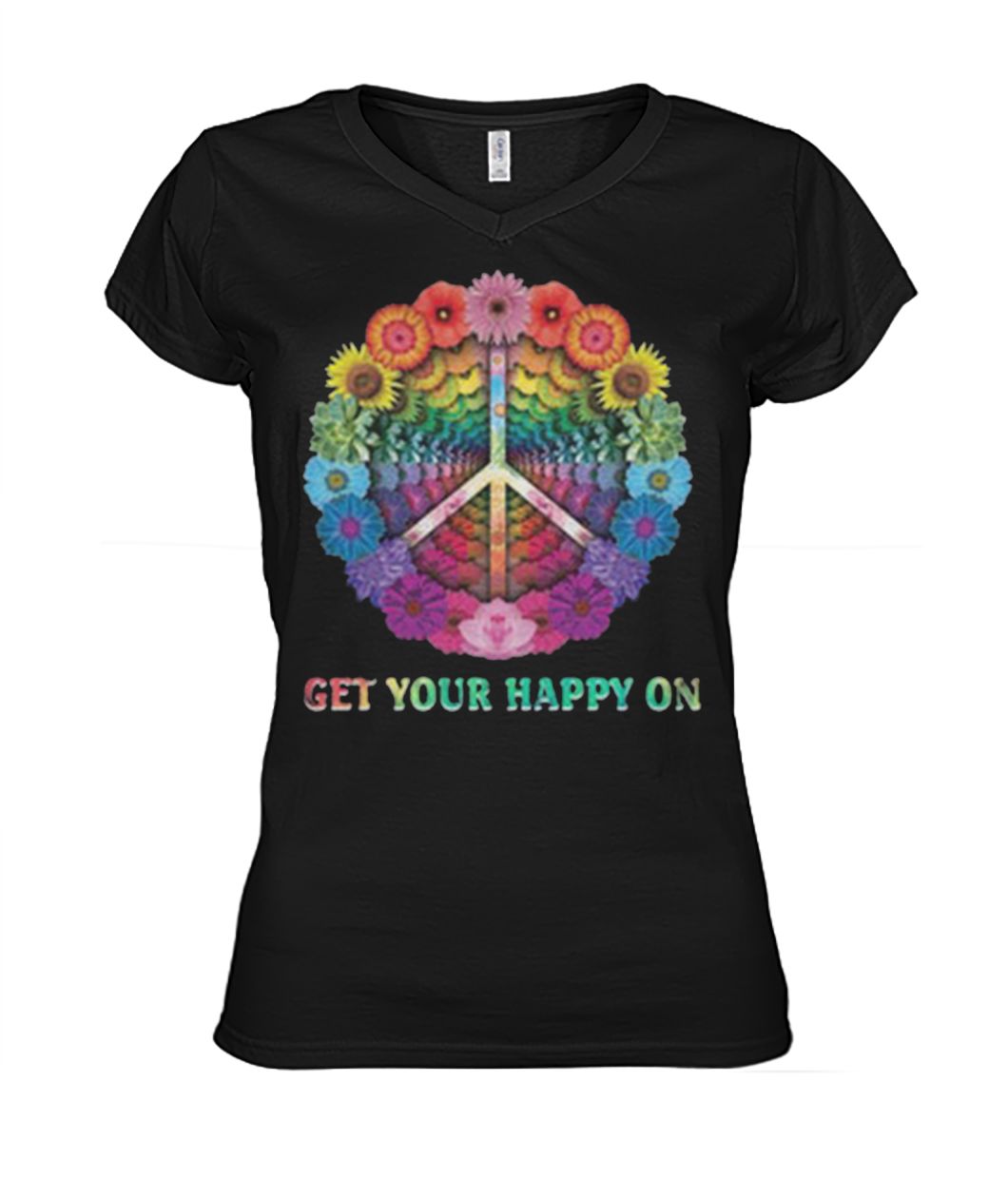 Hippie get your happy on flowers peace women's v-neck