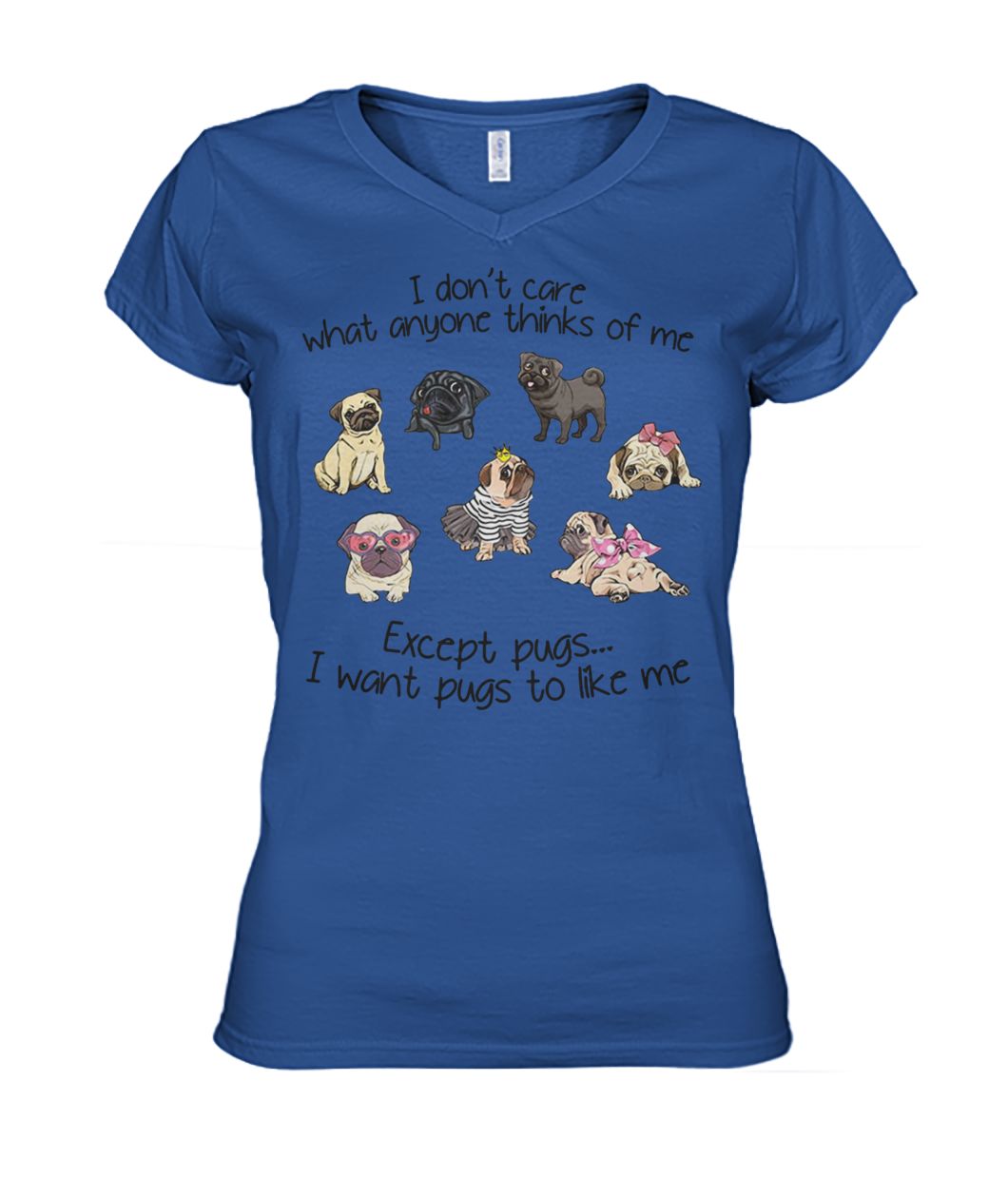 I don't care what anyone thinks of me excepts pugs I want pugs to like me women's v-neck