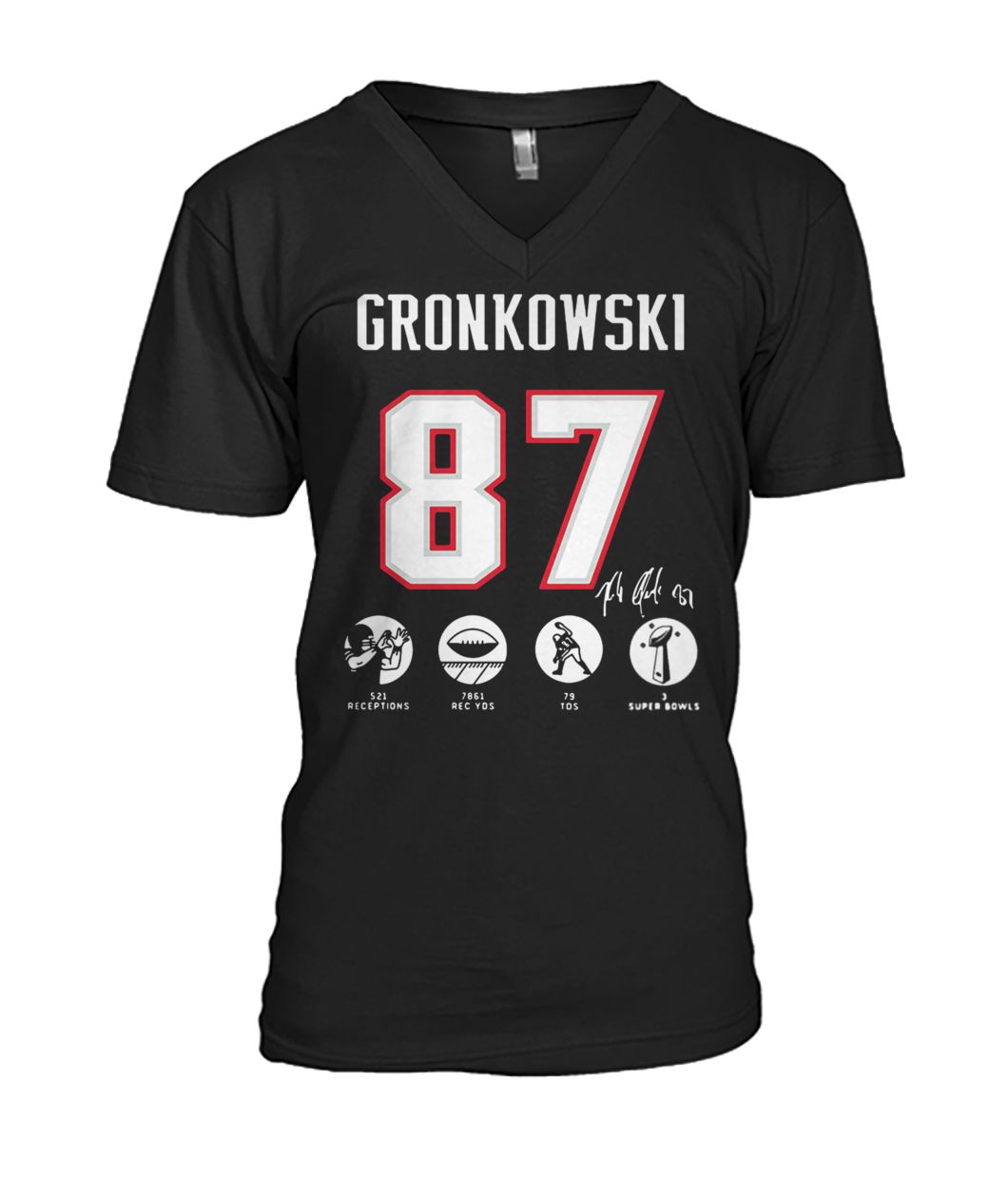 NFL rob gronkowski 87 521 receptions 7861 rec yds 79 tds 3 super bowls mens v-neck