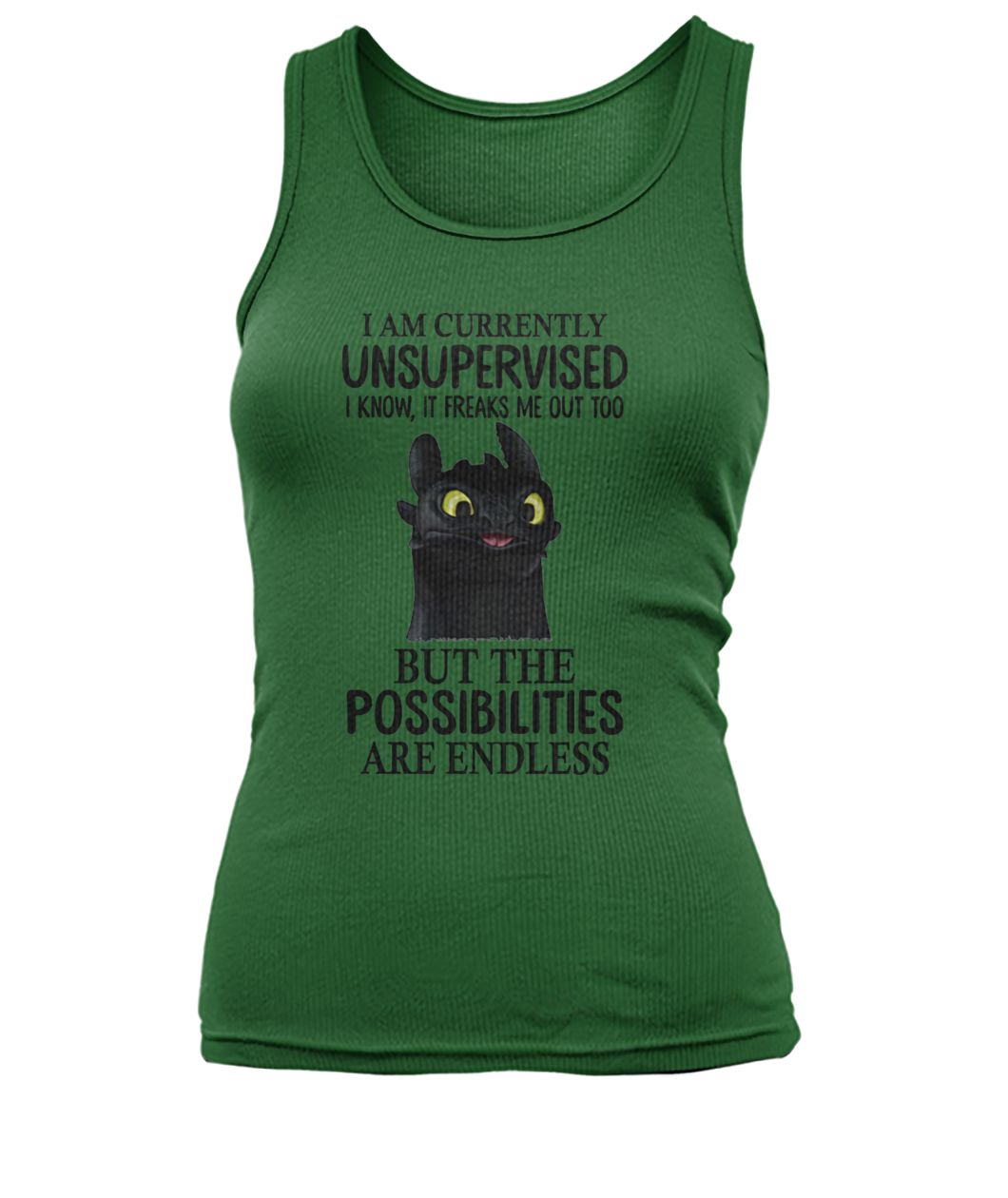 Toothless I am currently unsupervised I know it freaks me out too but the possibilities are endless women's tank top