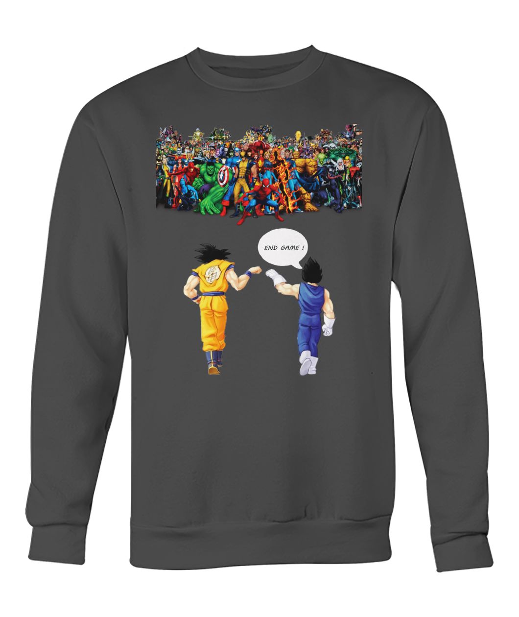 Vegeta goku dragon ball vs marvel heroes fighting marvel avengers endgame crew neck sweatshirt