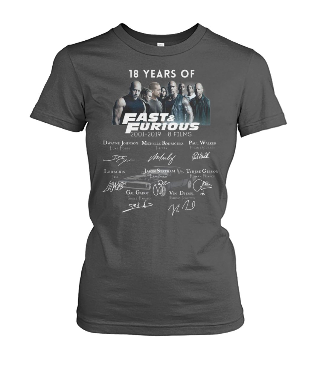 18 years of fast and furious 2001 2019 8 films women's crew tee