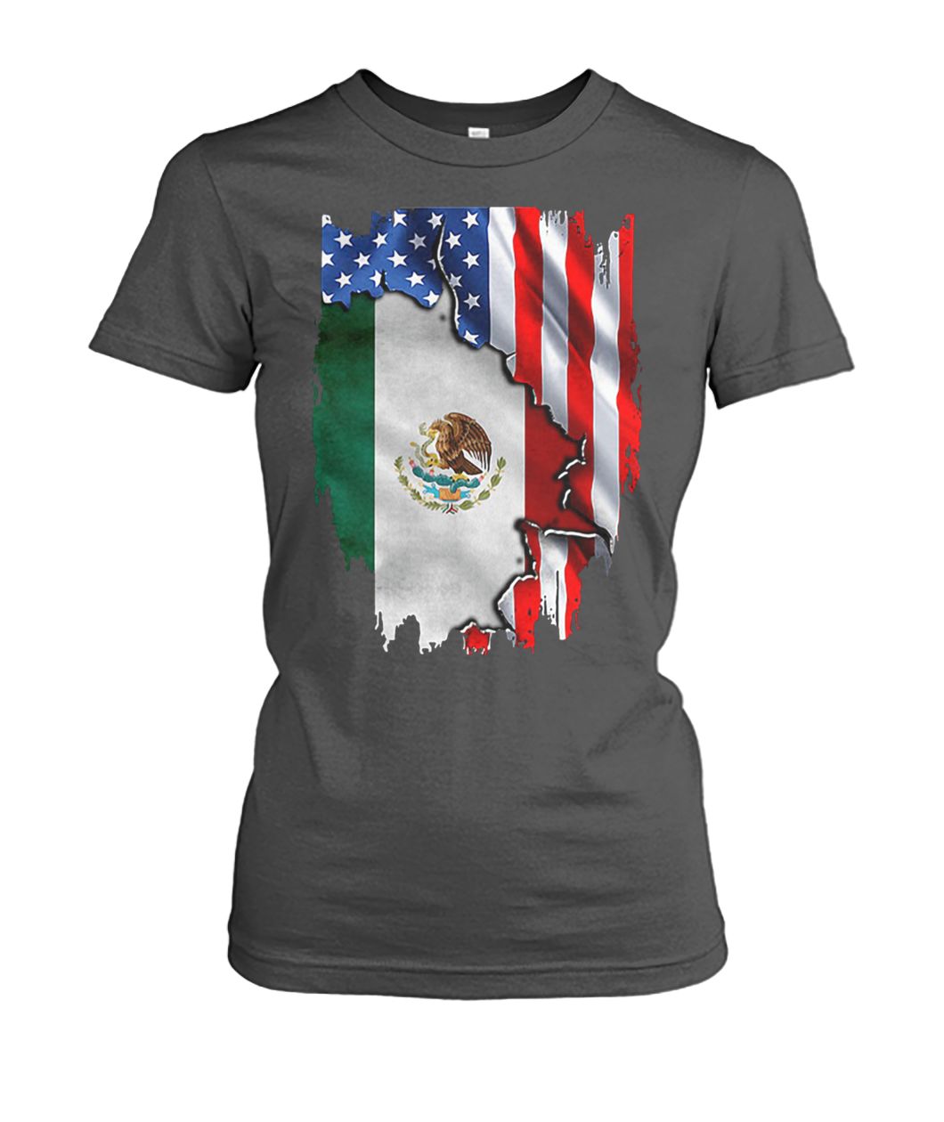Coat of arms of mexico inside american flag women's crew tee