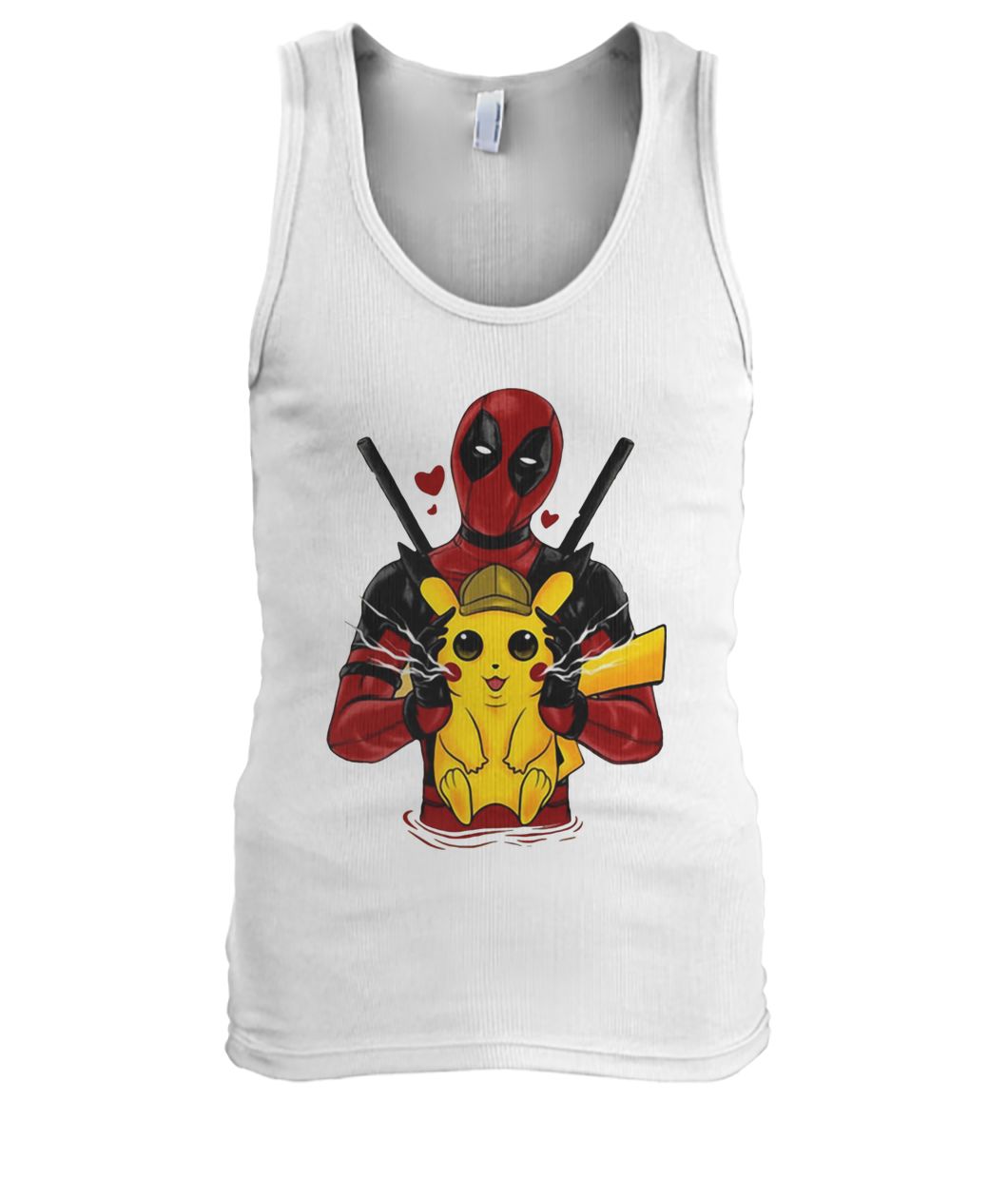 Deadpool hugging detective Pikachu men's tank top