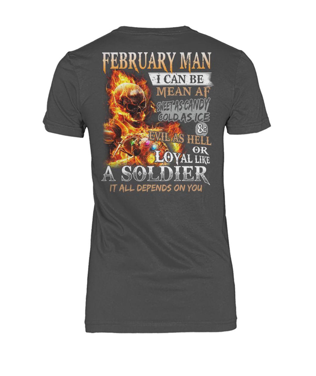 February man I can be mean af sweet as candy gold as ice and evil as hell women's crew tee