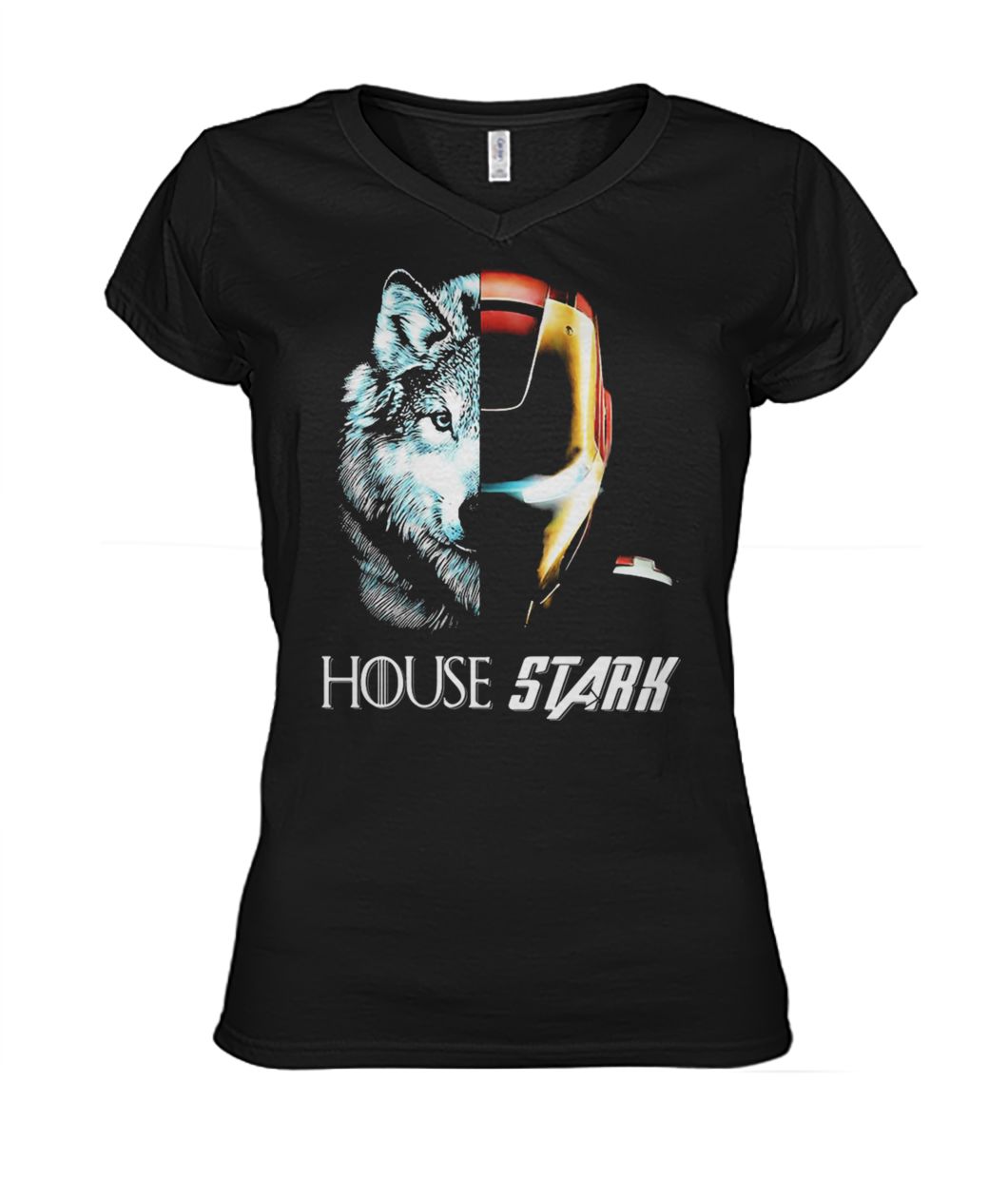 Game of thrones and avengers direwolf iron man mash up women's v-neck