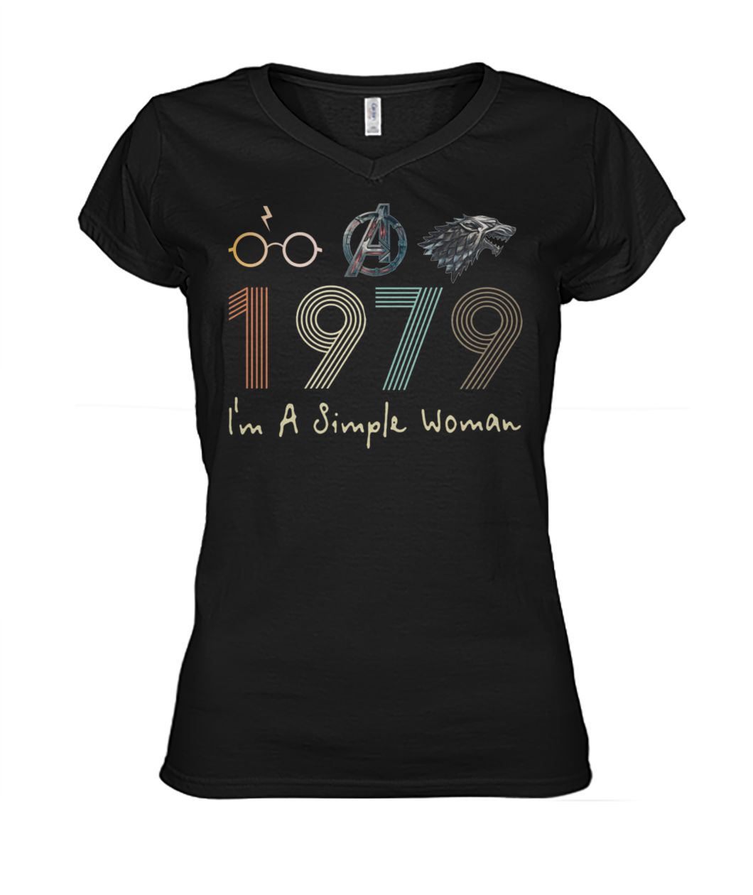 I'm a simple woman 1979 who love harry potter avengers and game of thrones women's v-neck
