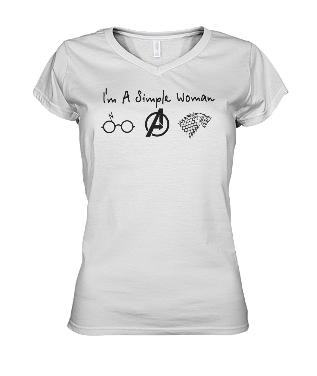 I'm a simple woman I love harry potter avengers and game of thrones women's v-neck