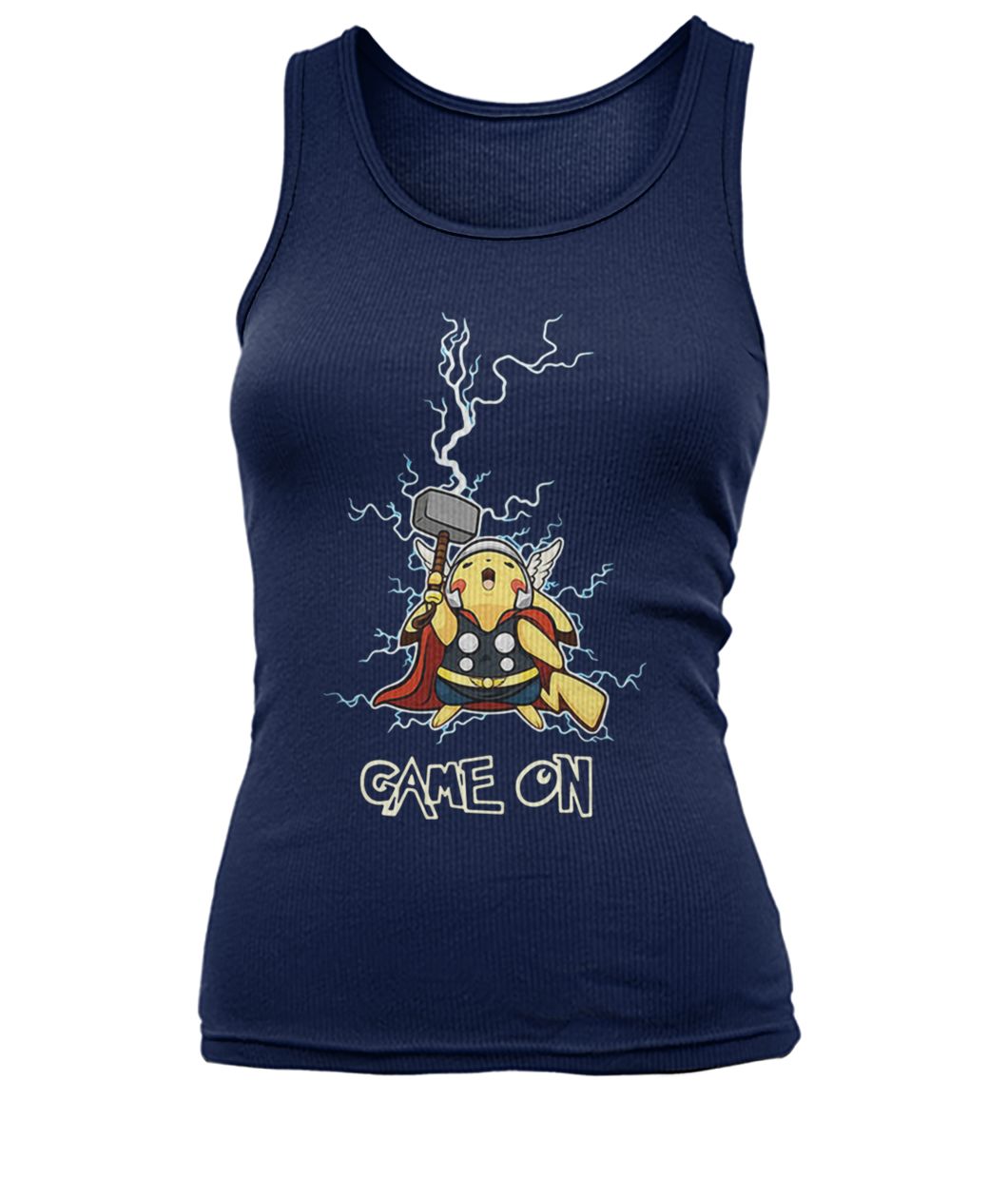 Pikachu being the god of thunder thor game on women's tank top