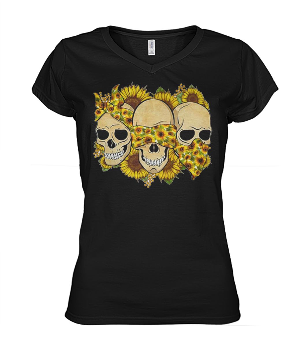 Skulls sunflower floral flowers women's v-neck