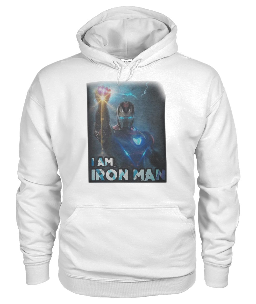 Tony stark wielding the infinity gauntlet I am Iron man gildan hoodie