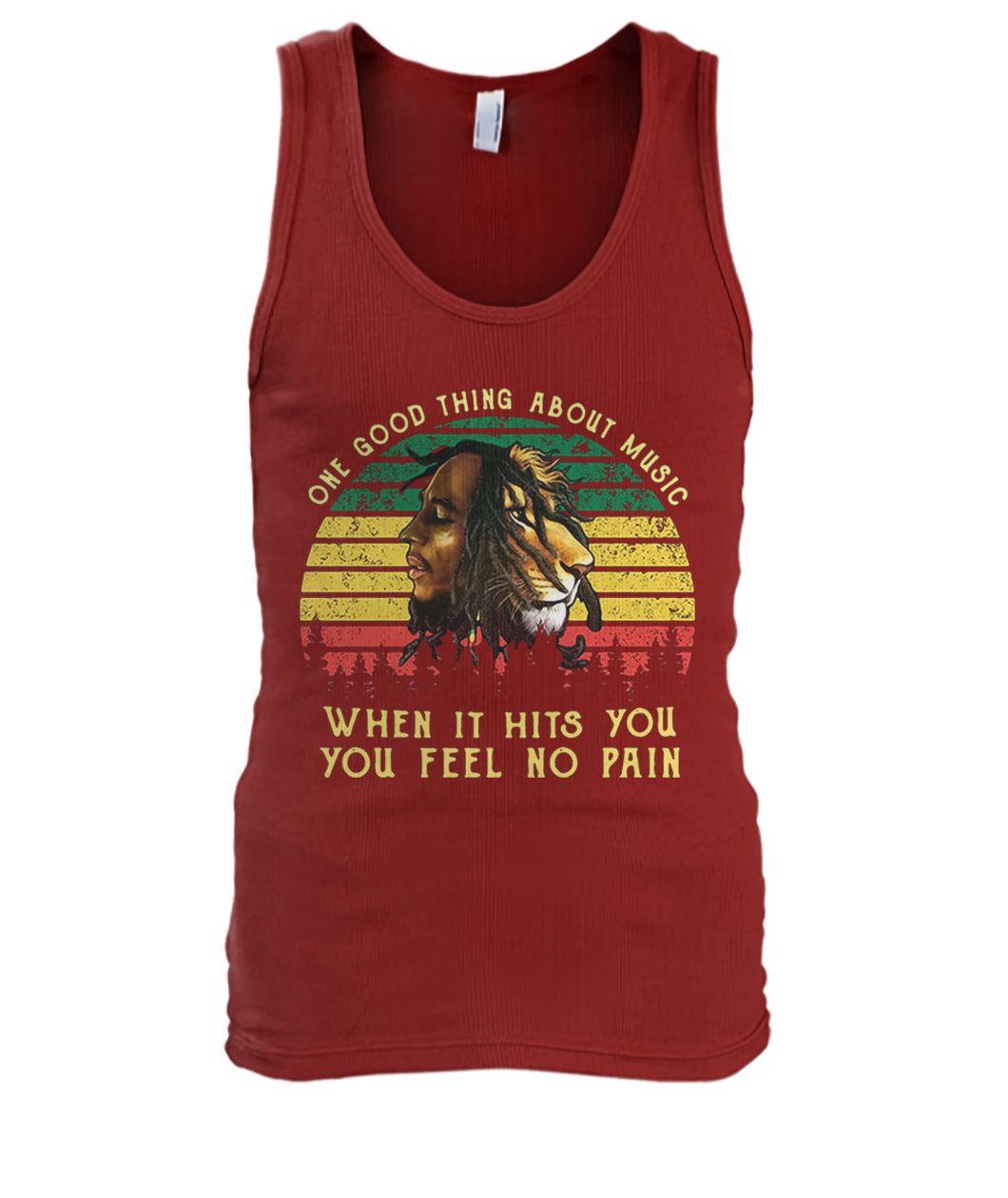 Vintage bob marley iron lion zion one good thing about music when it hits you you feel no pain men's tank top