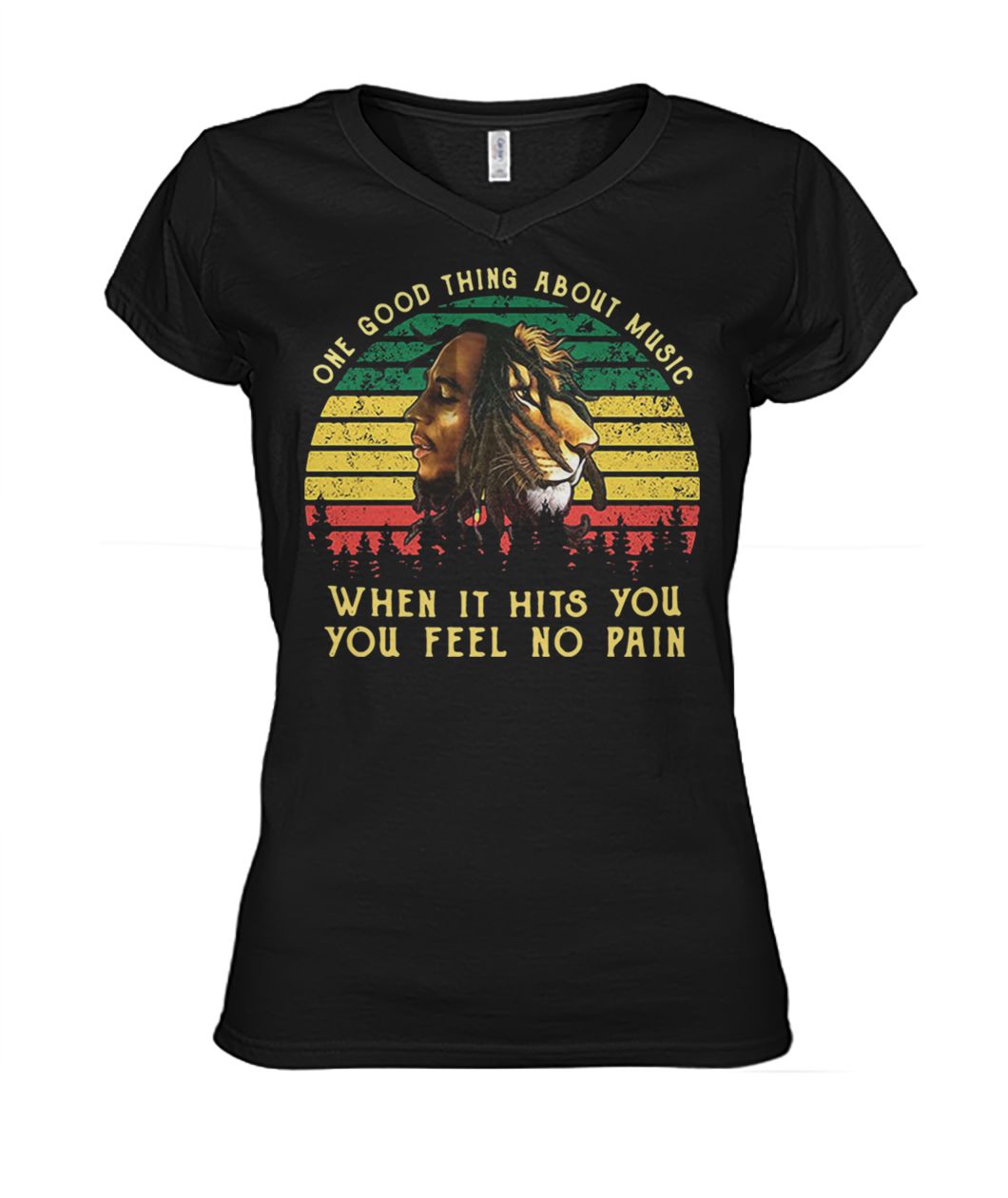 Vintage bob marley iron lion zion one good thing about music when it hits you you feel no pain women's v-neck