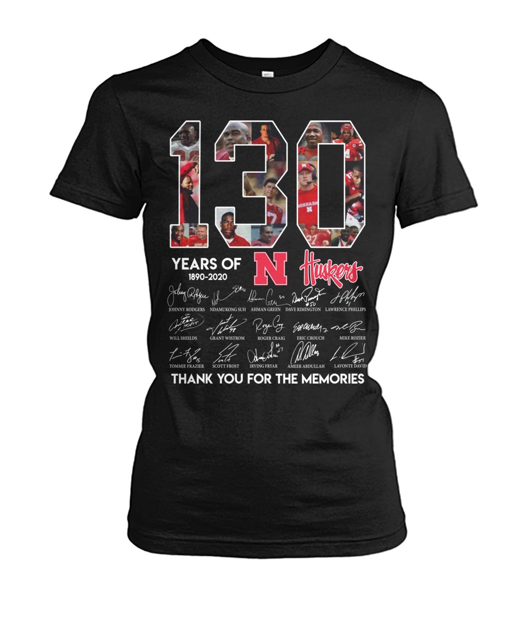130 years of nebraska cornhuskers 1890-2020 thank you for the memories signatures women's crew tee