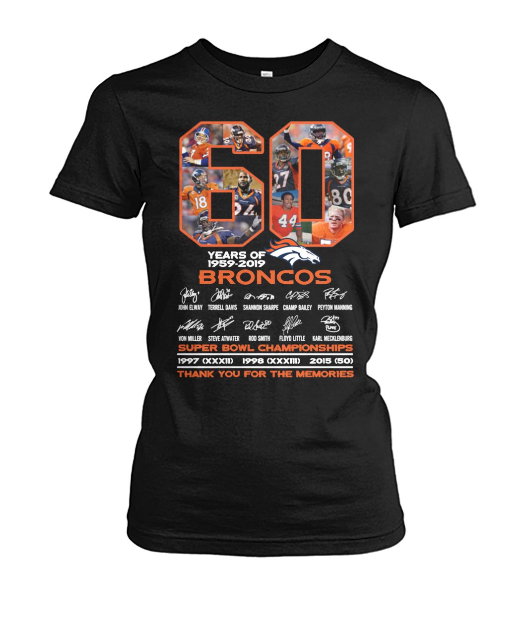 60 years of 1959-2019 broncos super bowl championships thank you for memories signatures women's crew tee