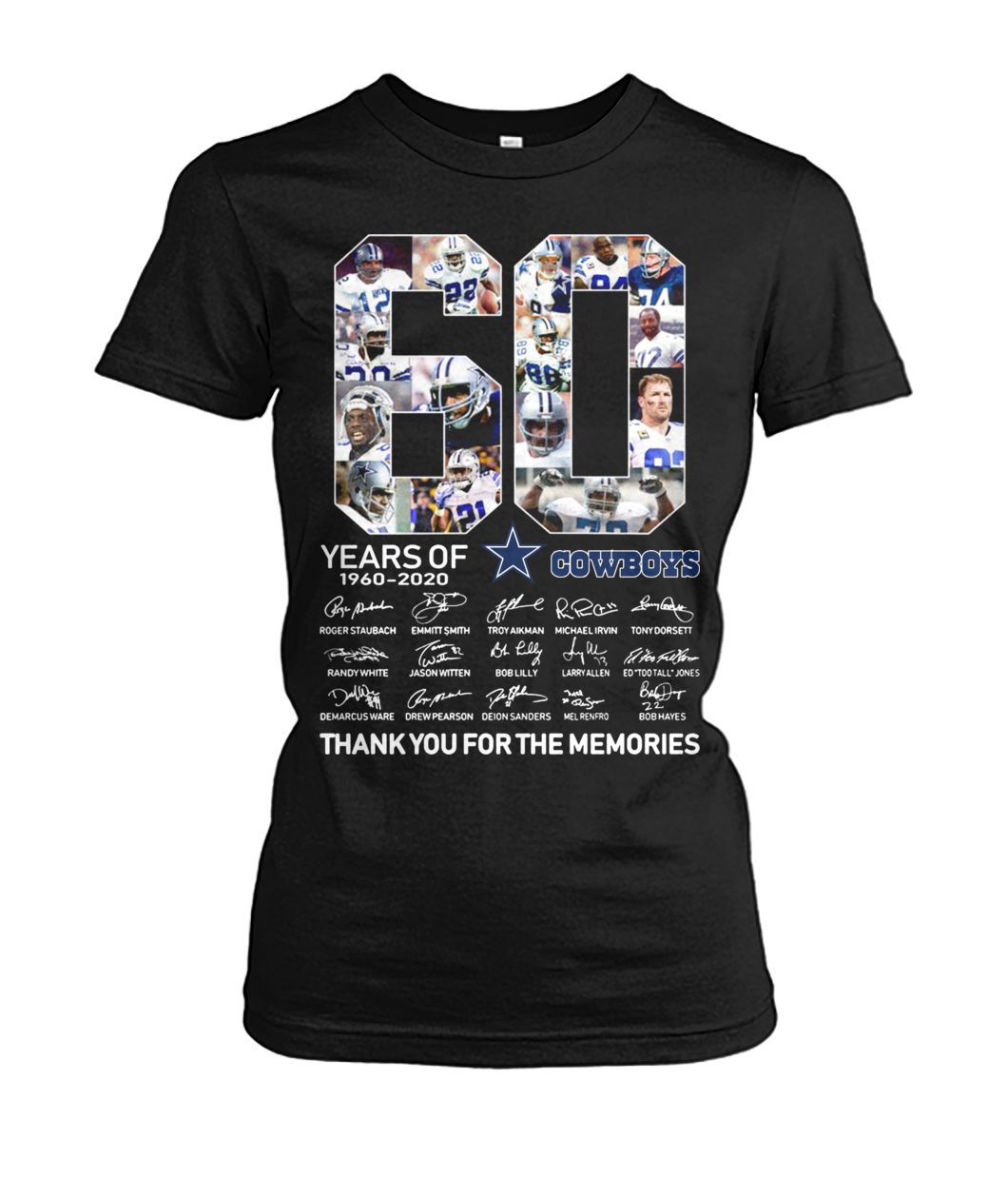 60 years of dallas cowboys thank you for memories signatures women's crew tee