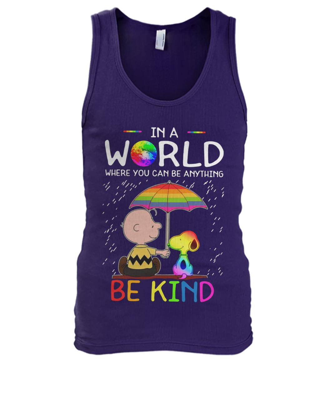 Charlie brown snoopy in a world where you can be anything be kind lgbt men's tank top