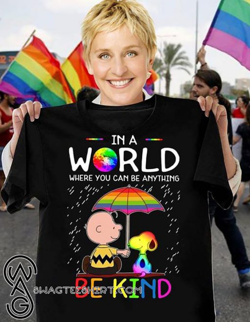 Charlie brown snoopy in a world where you can be anything be kind lgbt shirt