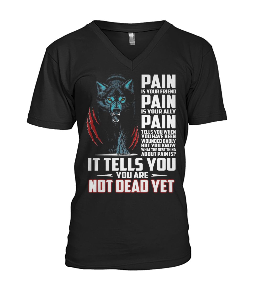 Dark wolf pain is your friend pain is your ally mens v-neck
