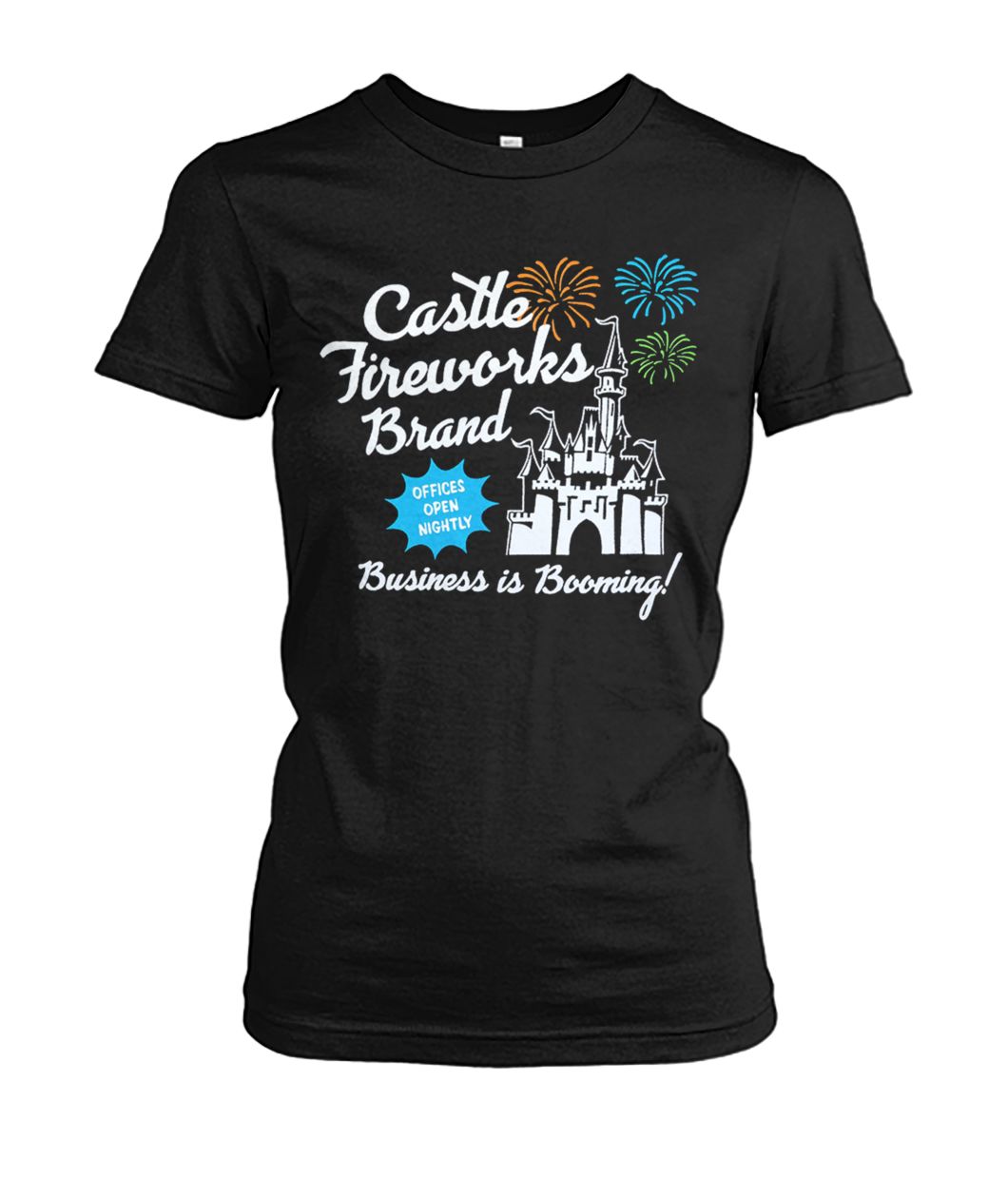 Fantasyland castle fireworks brand business is booming women's crew tee