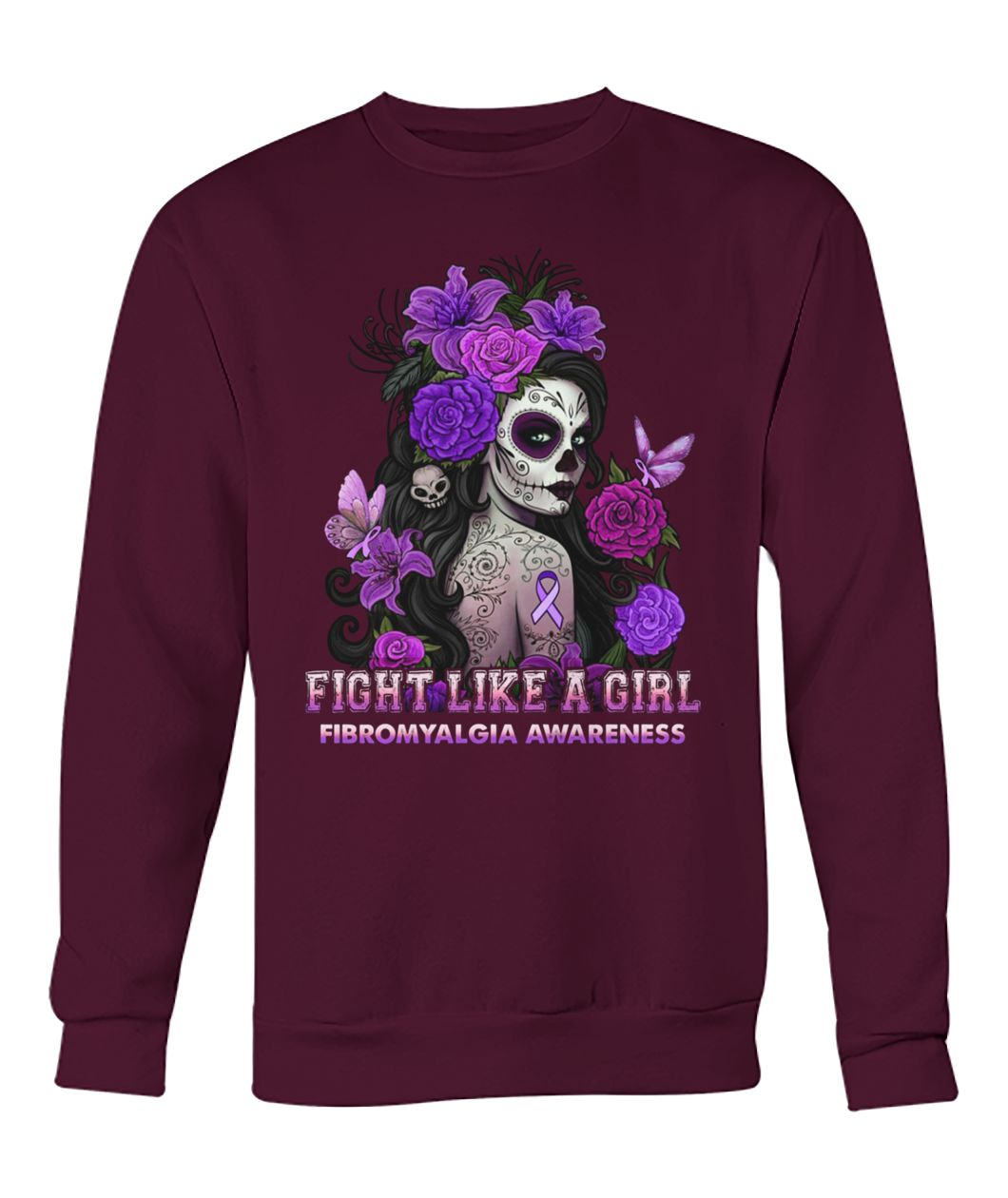 Fibromyalgia awareness sugar skull fairy fight like a girl crew neck sweatshirt