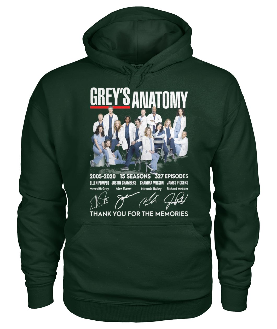Grey's anatomy 2005-2020 15 seasons 327 episode thank you for the memories signatures gildan hoodie