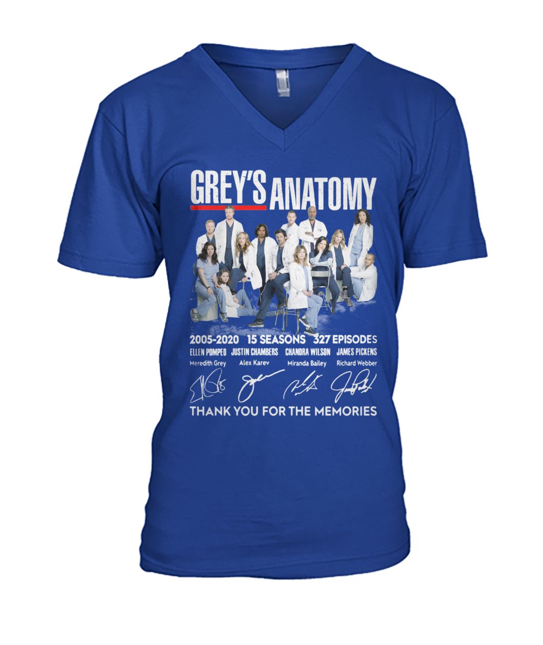 Grey's anatomy 2005-2020 15 seasons 327 episode thank you for the memories signatures mens v-neck