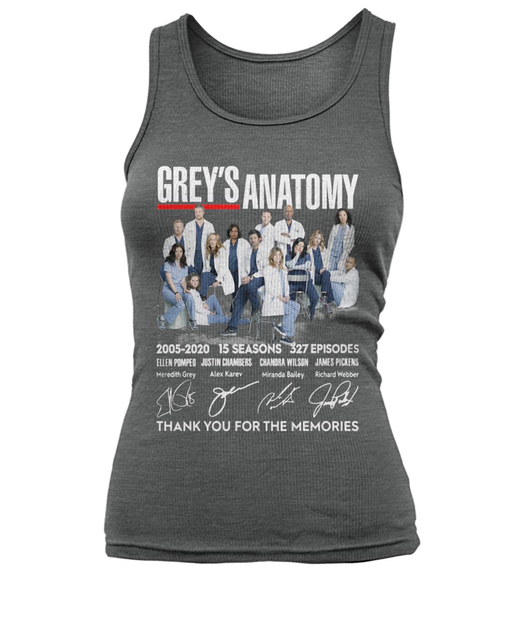 Grey's anatomy 2005-2020 15 seasons 327 episode thank you for the memories signatures women's tank top