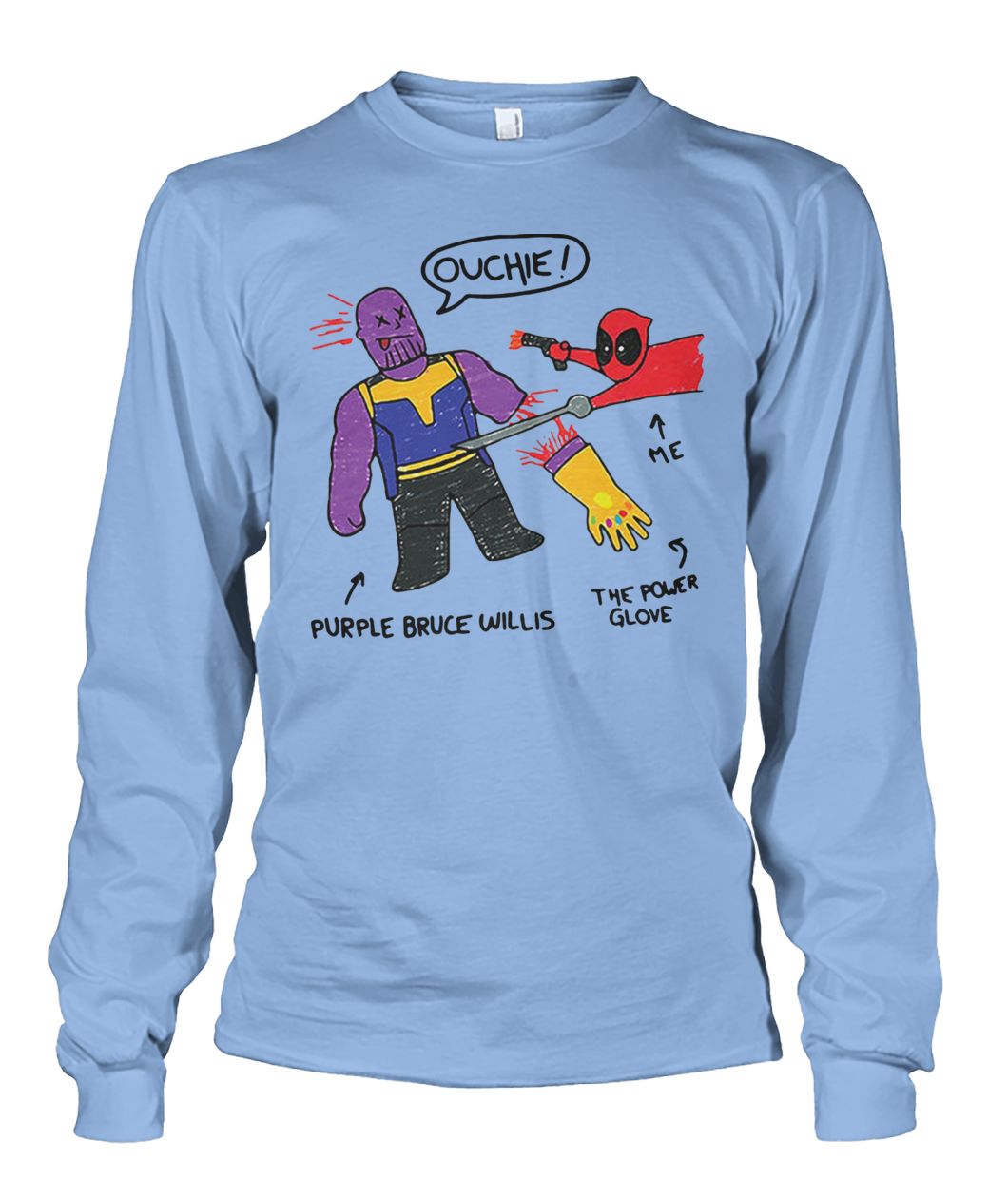 Infinity doodle deadpool’s doodle me the power glove and purple bruce willis unisex long sleeve