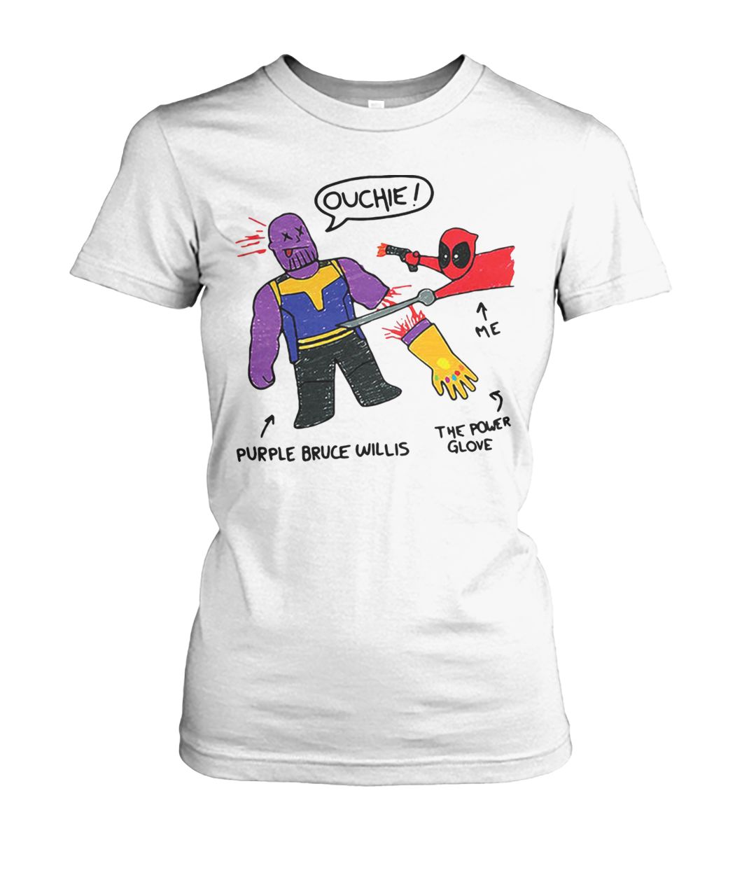 Infinity doodle deadpool’s doodle me the power glove and purple bruce willis women's crew tee