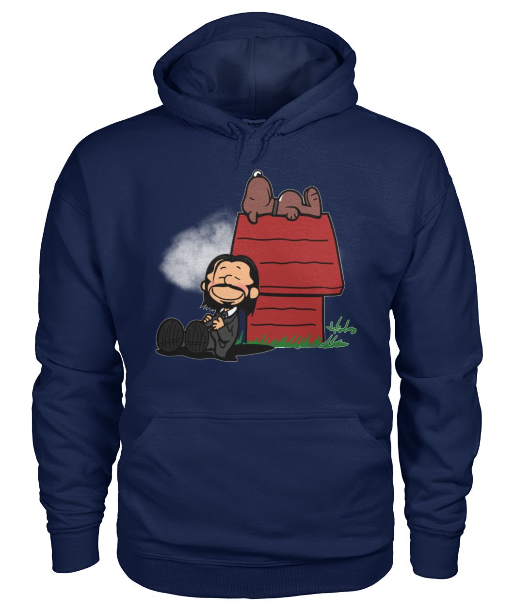 John wick and dog in the style of peanuts charlie brown and snoopy gildan hoodie