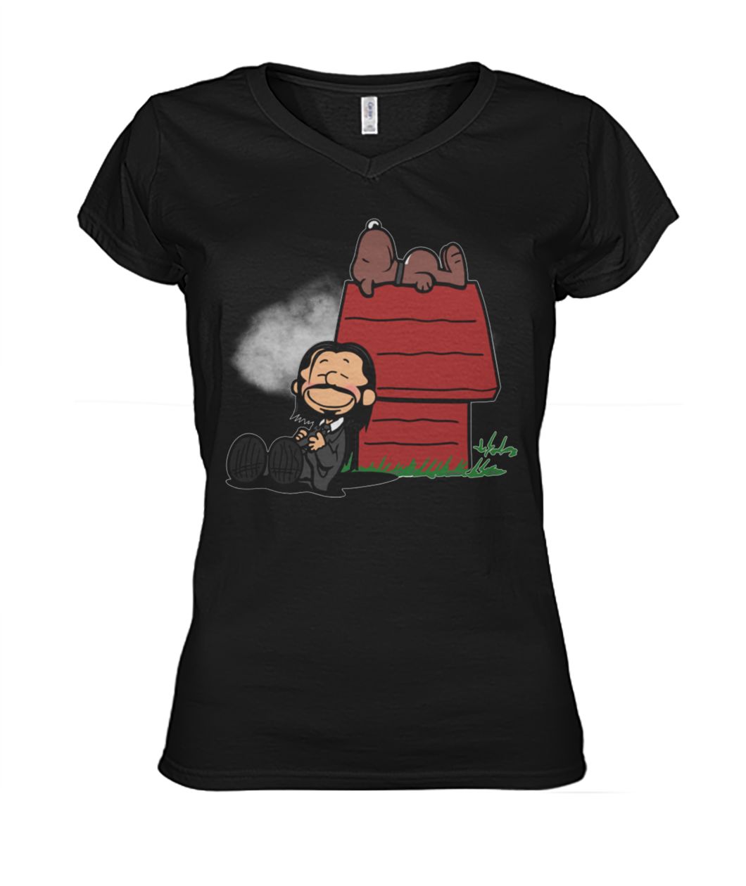 John wick and dog in the style of peanuts charlie brown and snoopy women's v-neck